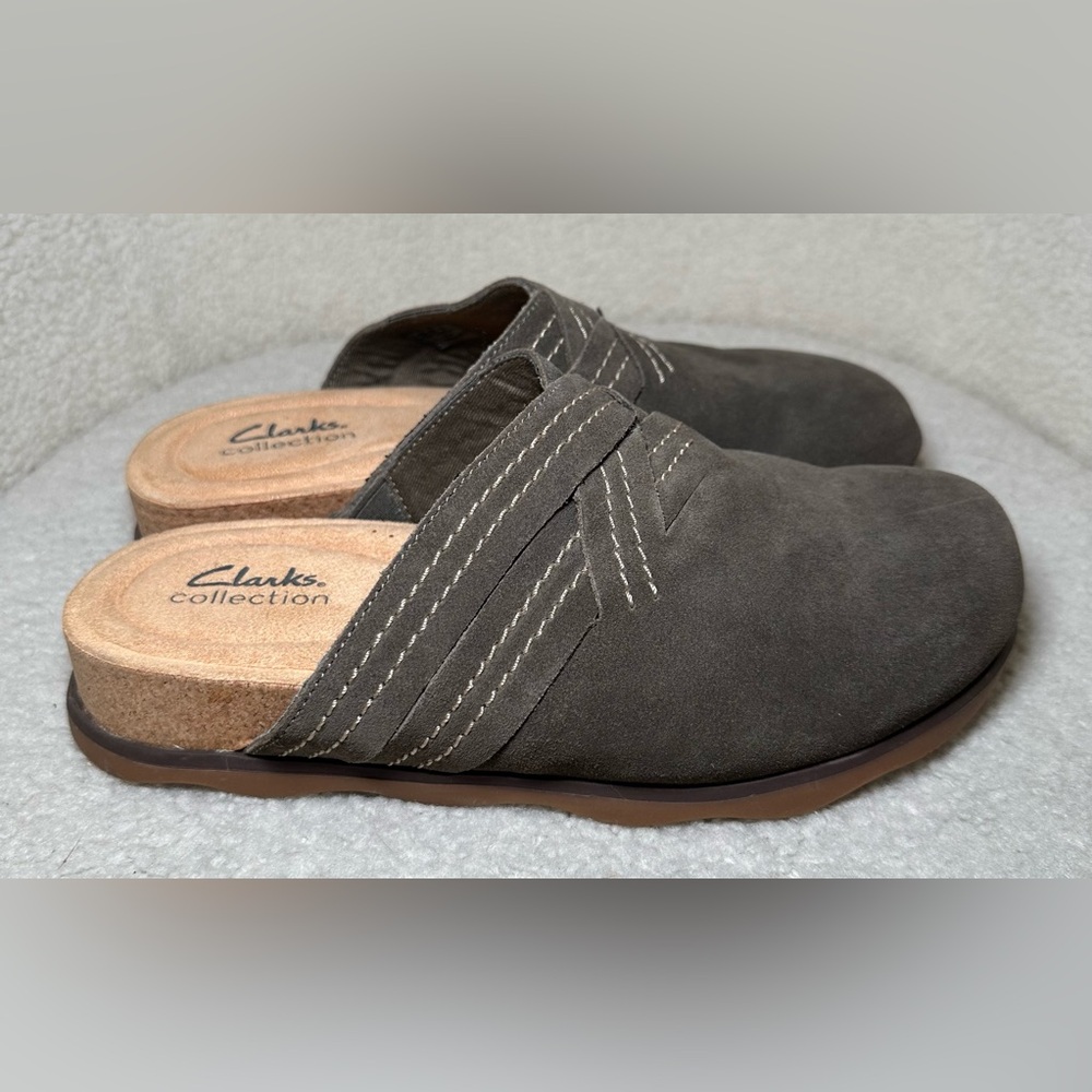 Clarks Brynn suede clogs brown olive green tan‎ comfort slip-on round toe boho 8